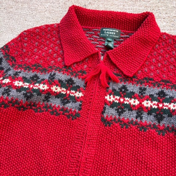 Vintage Lauren Ralph Lauren Hand Knit Fair Isle Sweater Cardigan, Size Large - Picture 5 of 10